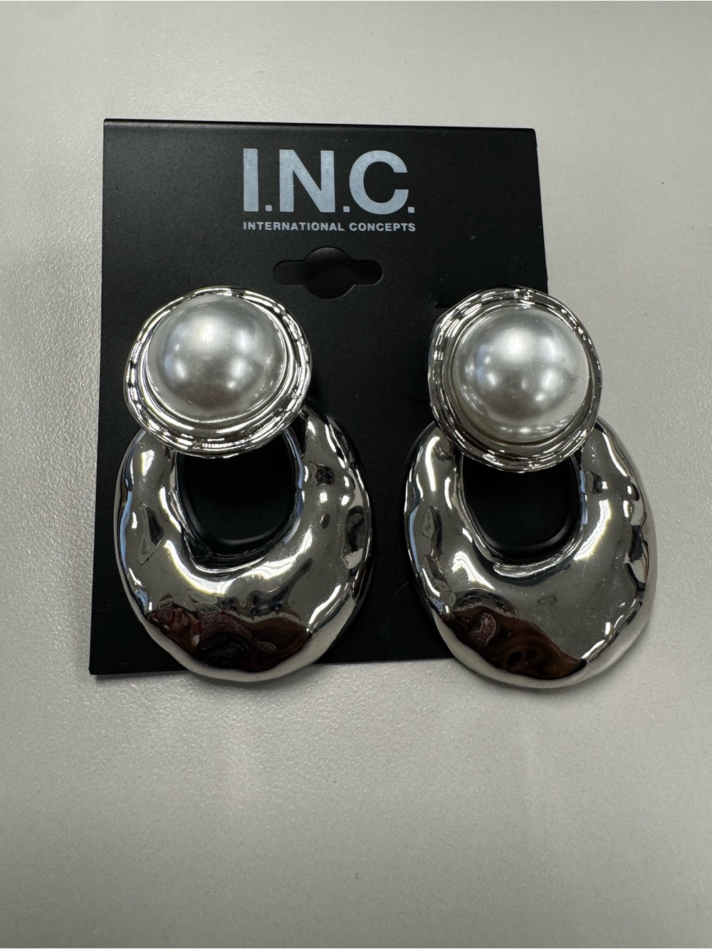 INC International Concepts Silver Tone Pearl Accent Hoop Drop Earrings